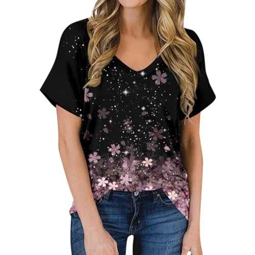 Ladies V Neck Tshirt Dressy Short Sleeve Casual Tops Print Fashion Blouse Trendy Women's Tee Loose Tunic
