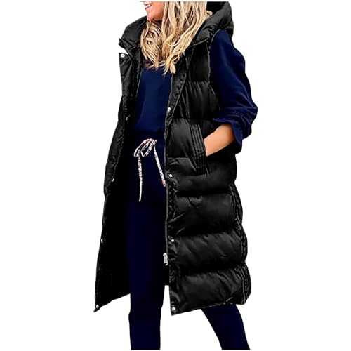 RLEHJN Women's Long Quilted Gilet Longline Sleeveless Hooded Jacket Mid-Length Winter Wear Hooded Coats Side Split Long Body Warmer Outdoor Padded Coat Waistcoat Overcoat with Pockets Size 8-20