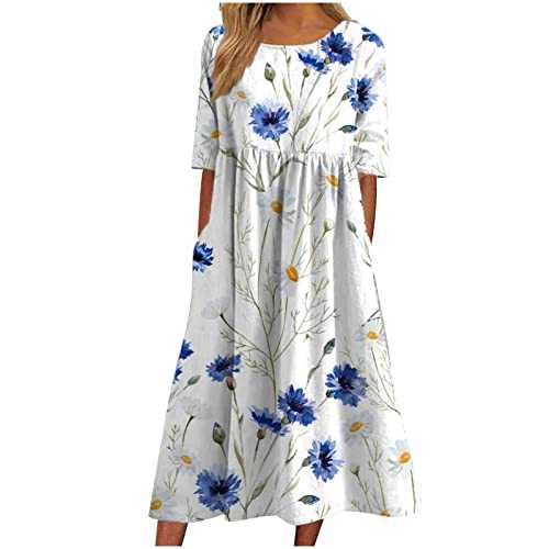 AMhomely Women Dress Sale Clearance Casual Sexy Round Neck Printing Summer Short Sleeve Pockets Dress UK Ladies Dress Party Elegant Beach Dress Club Cocktail Work Dresses