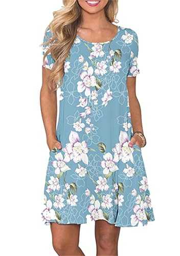 YMING Women Elegant Summer Loose Dress Plus Size Soild Vacation Dresses Short Sleeve Round Neck with Pockets Dress