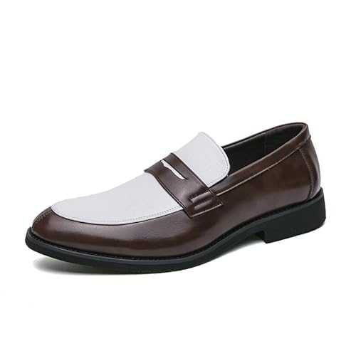 New Formal Shoes Dress Oxford for Men Slip On Round Toe PU Leather Two Tone Penny Loafers Block Heel Slip Resistant Rubber Sole Walking