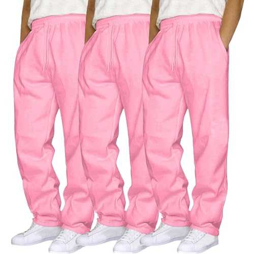 3 Pack Joggers for Men UK, Mens Joggers Bottoms Open Hem Sweatpants Casual Elastic Waist Trousers with Pockets Drawstring Sports Pants Loose Fit Wide Leg Tracksuit Bottoms