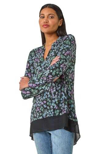 Roman Originals Floral Print V-Neck Tunic Top for Women UK - Ladies Everyday Autumn Winter V-Neckline Comfy Soft Evening Vacation Work Party Night Out