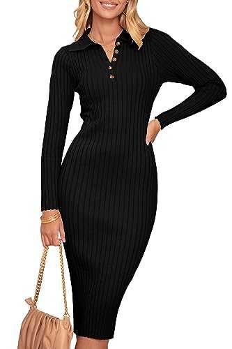 MEROKEETY Womens 2023 V Neck Ribbed Sweater Dress Long Sleeve Bodycon Knit Midi Dresses