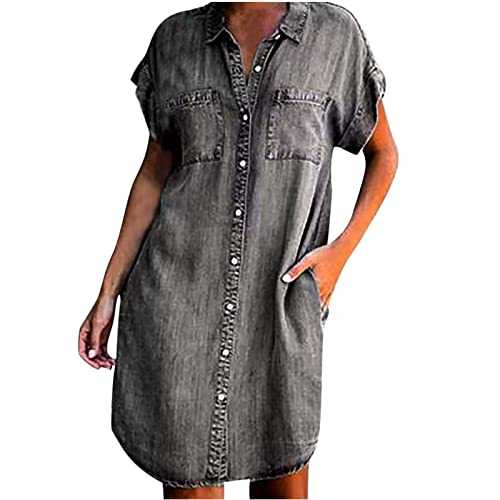 Dresses for Women UK Solid Color Crew Neck Womens Midi Dress Short Sleeve Knee Length Ladies Summer Dress Wrap Dresses Plus Size Denim Tunic Dress Elegant Casual Maxi Dress