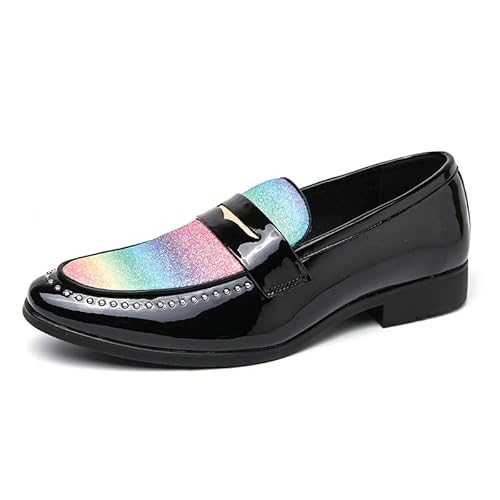 New Dress Formal Shoes for Men Slip On Pointed Toe Two Tone Faux Leather Studs Decoration Apron Toe Penny Loafer Rubber Sole Anti-Slip Non Slip Working