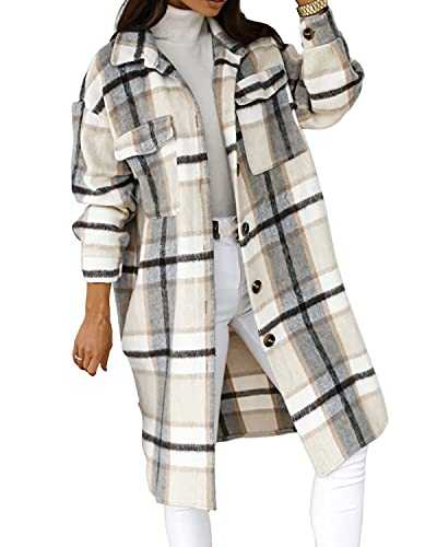 Halfword Womens Winter Lapel Plaid Rushed Tartan Button Down Shirt Shacket Jackets Woolen Coat
