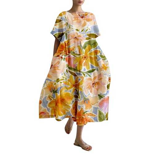 Women Summer Dress Floral Print Cotton Linen Maxi Dress Daily Holiday Vacation Beach Dresses Oversize Loose Casual Short Sleeve Crew Neck A Line Long Tunic Dresses Sundress