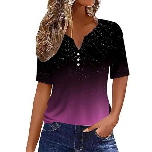 Womens Solid Tees Spring/summer V Neck Button Block Patchwork Print Comfortable Short Sleeved T Shirt Top Womens Long Sleeve T Shirts Light