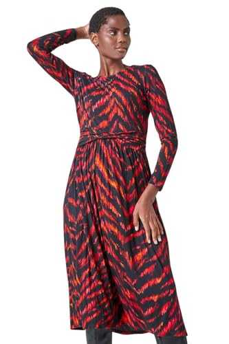 Roman Originals Animal Print Twist Waist Midi Stretch Dress for Women UK - Ladies Everyday Autumn Winter Round Neckline Comfy Soft Evening Vacation Work Party Night Out