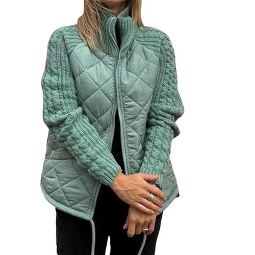 Women's Knit Patchwork Puffy Jacket,Casual Stand Collar Long Sleeve Zip Jacket,Women’s Winter Cropped Puffer Jacket Coat