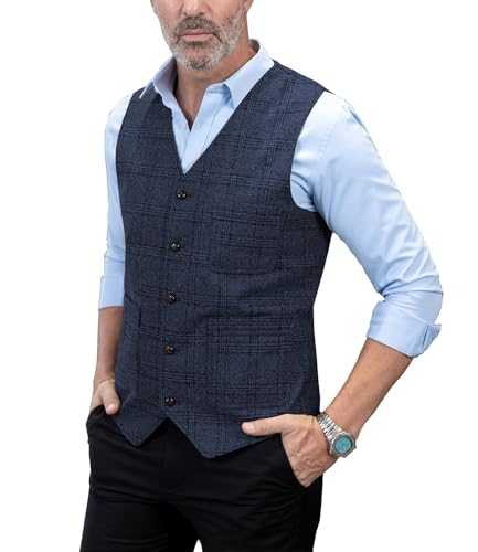 Mens Vintage Suit Vest Plaid Tweed Slim Fit Waistcoat for Wedding Groomsmen