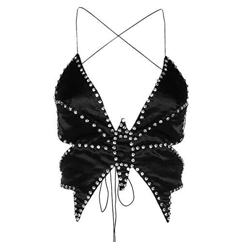 JUMISEE Women Sparkly Rhinestone Butterfly Crop Top Sexy Satin V Neck Bakless Lace Up Cami Tank Top for Rave Festival