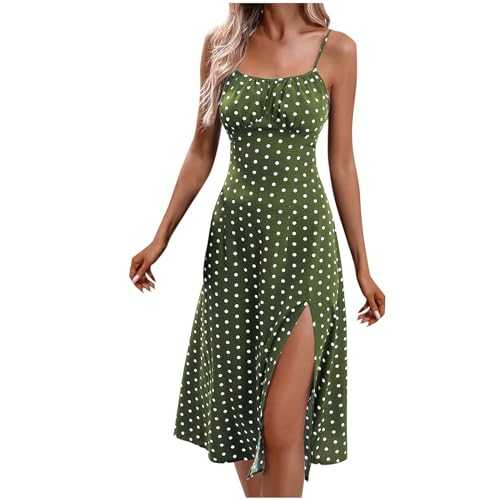 Summer Dresses for Women UK Clearance Bohemian Square Neck Long Beach Sun Dresses Sleeveless Polka Dots Split A Line Midi Dress Ladies Swing Dresses with Spaghetti Straps Petite Sexy Dresses
