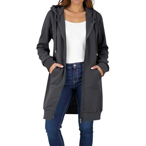 Zip Up Hoodie for Women Solid Color Long Sleeve Fleece Longline Hooded with Pockets Mid Length Sweatshirts Oversized Coats Winter Lightweight Open Front Cardigan Loose Fit Hoody Plain Sweater
