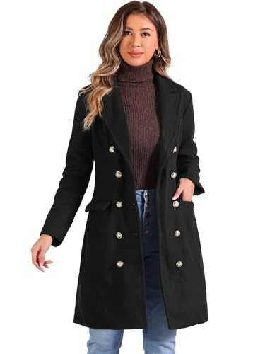 Allegra K Pea Coat for Women's Notched Lapel Double Breasted Mid Long Winter Coats