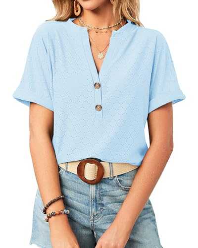 BellaDila Womens Eyelet Tops Spring Summer Short Sleeve Button Down T Shirts V Neck Casual Cute Tunics Blouses for Women 2024