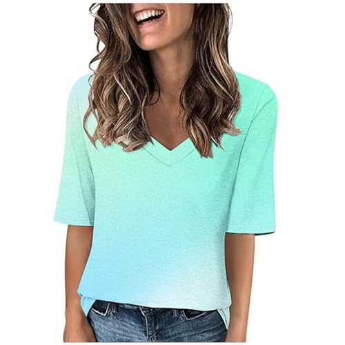 UK Women Half Sleeve Tops and Blouses Pink and Blue Tie Dyed Shirts 2025 Spring Summer V-Neck Cute TeesA-