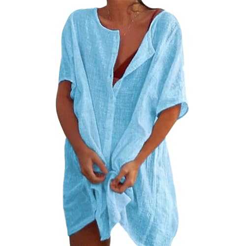 Minicoco Women Beach Cover Up Button Down Shirt Dresses Cotton Shirt Long Beachwear Swimsuit Bikini Cover-Up Casual 3/4 Sleeve Beachwear Kimonos Bathing Suit