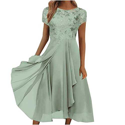 Summer Dresses for Women UK Clearance Plus Size Lace Chiffon Wedding Guest Dresses V Neck/Crewneck Formal Cocktail Party Midi Dress Casual Beach Boho Sundress Vacation Outfits