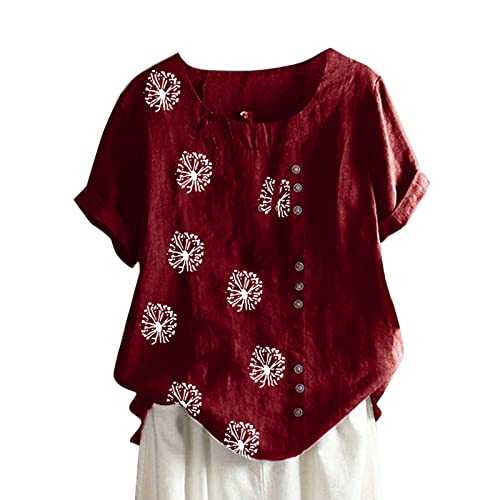 Ladies Blouses Dandelion Print Linen Short Sleeve Button Down Shirts Elegant Summer Tops Crewneck Cotton Linen Top Oversized Tees Dressy Blouses Office Work Party Evening Wedding Blouse
