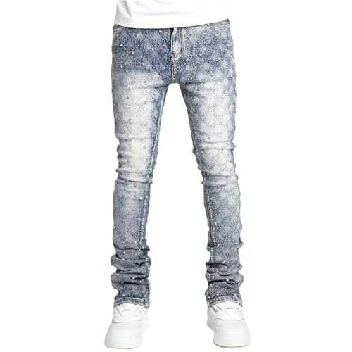 Men's Slim Fit Skinny Stacked Rhinestone Jeans Stretch Fit Stylish Streetwear Causal Y2K Denim Pants