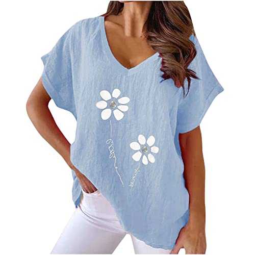 Womens Linen Shirt Tops Short Sleeve Casual Blouses V Neck Loose Tees Roll Up Dressy Blouse Office Work Ladies Tops Comfy Plus Size Flower Print T-Shirt 2025