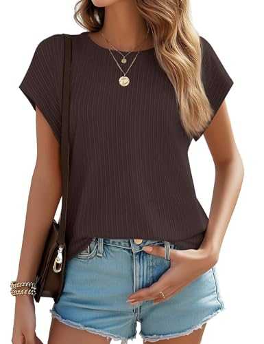 JUSTFASHIONNOW Summer Tops for Women 2025 Trendy Cap Sleeve Crewneck T Shirts Textured Business Casual Outfits Blouses