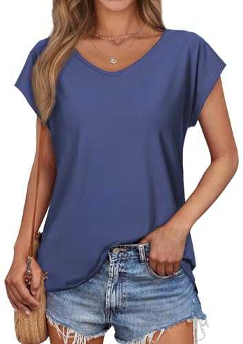 SMENG T Shirts for Women UK Cap Sleeve V Neck Side Split Solid Ladies Summer Tops
