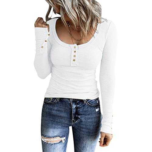 Women Long Sleeve Henley T Shirts UK Button Down Slim Fit Casual Tops V-Neck Ribbed Knit Tunic Shirts 2023