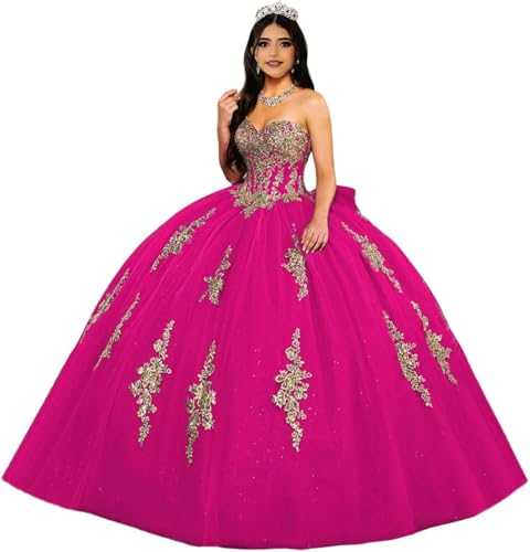 Fuomomo Gold Lace Appliques Sweetheart Quinceanera Dresses Puffy Ball Gowns Strapless Prom Dresses with Bow MT035