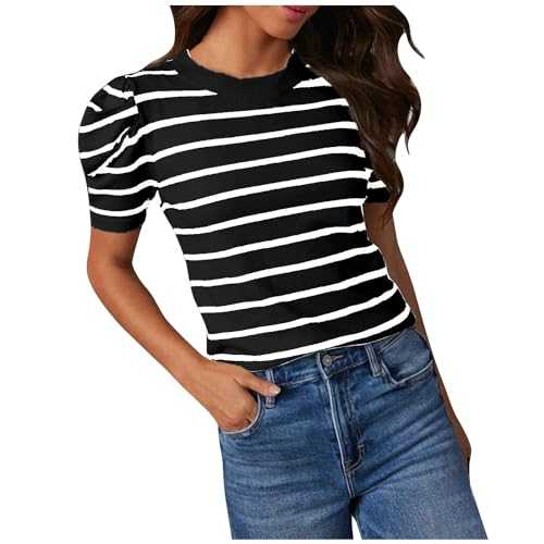 Women's T-Shirt Striped Print T-Shirt Casual T-Shirt Summer Puff Sleeve Blouse Fit O-Neck Pullover Cotton Short Sleeve Tops Lightweight Basic Tee Top Comfortable Running Shirt Casual Shirt