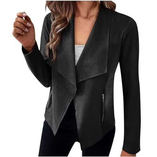 Placitiume Womens Faux Suede Jacket Fall Winter Casual Fashion Jacket Bomber Biker Moto Jackets Coats (Black,XL,XL,Regular,Regular)