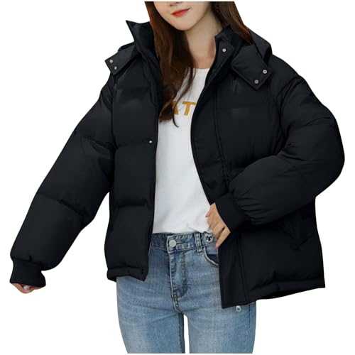 Mrat Womens Puffer Jacket Hooded Padded Down Coat Cotton Winter Warm Short Jackets Casual Full Zip Stand Collar Long Sleeve Quilted Jackets Lightweight Cropped Jackets Outerwear Windbreak Jackets Sale