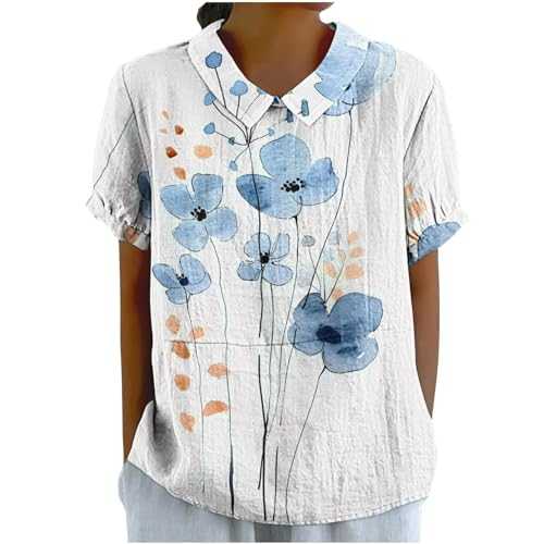 BiCophy Women Doll Collar Shirt Oversize Cotton Linen Floral Print Cute Peter Pan Collar Puff Short Sleeve Shirts Plus Size Fashion Casual Summer Tops
