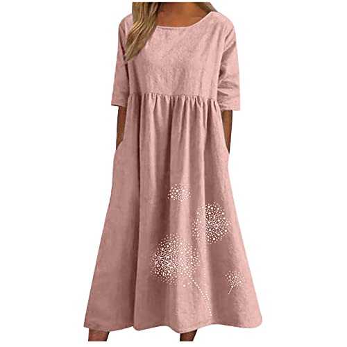 Zeiayuas Cotton Linen Dresses for Women T Shirts Summer Midi Dress Short Sleeve Round Neck Long Dress Ladies Beach Loose Solid Color Casual Dresses UK Plus Size 8-22