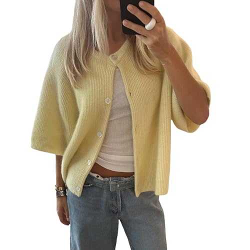 Women Y2k Knitted Crop Cardigan Short Sleeve Button Up Rib Knit Solid Color Cute Sweater Shirt