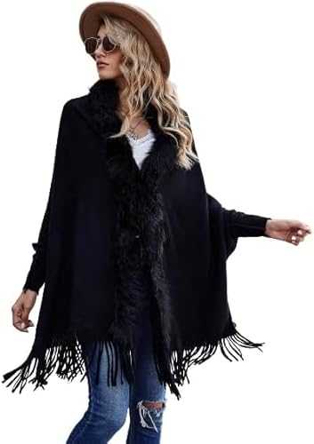 ZiaWorld Women Winter Woollen Poncho, Ladies Fur Collar Cape Scarf Wrap Bohemian Fringe Shawl, OneSize Cape Batwing Sleeve Cardigan, Front Open