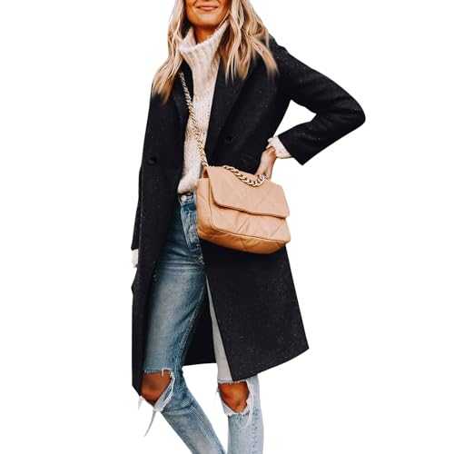 Women's Trench Coat Solid Color Wool Blend Pea Jacket Winter Warm Notch Lapel Double Breasted Midi-Long Overcoat Outerwear