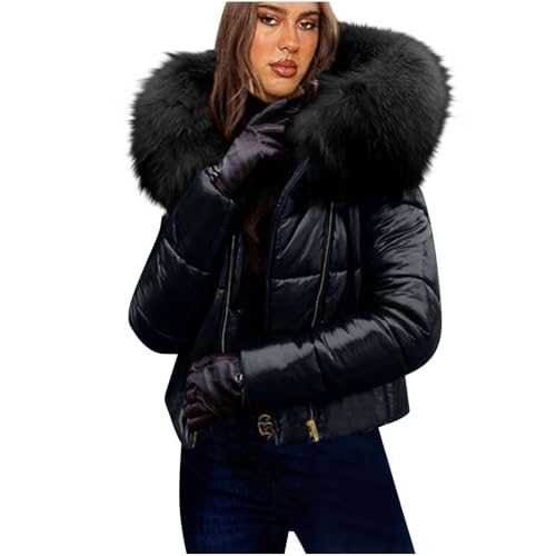 Winter Jacket for Women UK Shiny Puffer Jacket Cropped Quilted Down Jacket Ladies Lightweight Waterproof Jackets with Fur Hood Plus Size Slim Coat Long Sleeve Warm Outwear for Outdoor Hiking Walking