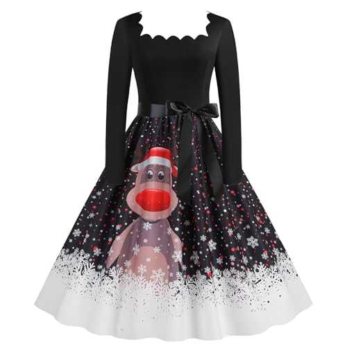 Hinge Dress Christmas Square Neck Long Sleeve Print Irregular Hem Dress with Belt Formal Long Dresses for Women