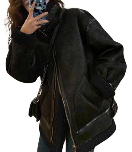 loveimgs Women Oversized Faux Suede Moto Jacket Sherpa Fleece Lined Leather Jacket Aviator Shearling Fur Coat Overcoat