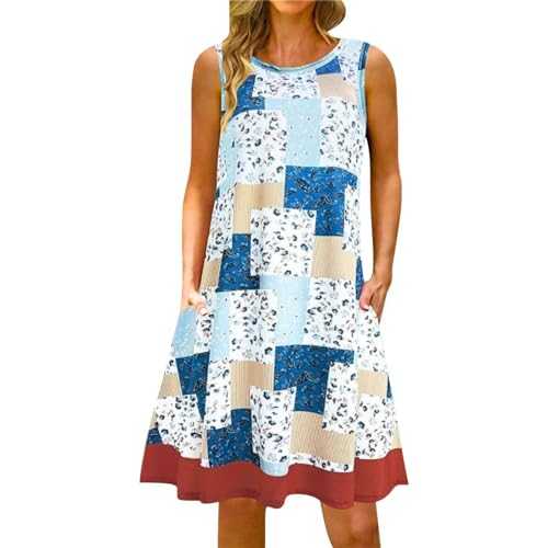 Skang Summer Dresses Plus Size Casual Loose Vintage Floral Print Round Neck Sleeveless Knee-Long Maxi Dress Tunic Dress Pocket Dress Vacation Daily Party Dresses Boho Dress Ethnic Style Dresses