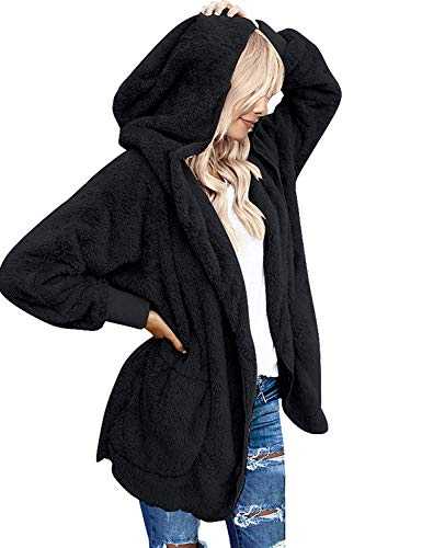 Yanekop Womens Fuzzy Fleece Open Front Hooded Cardigan Jackets Sherpa Outerwear Coats with Pockets