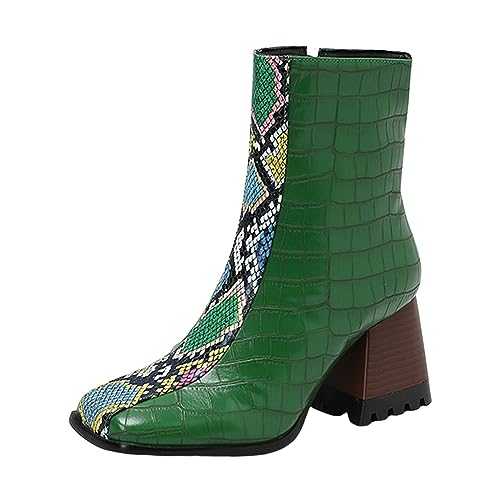 Generisch Womens Square Toe High Block Heel Color Blocking Medium Large Size Ankle Boots Short Boots Ladies Slip On Boots Baggy Super Soft Snow