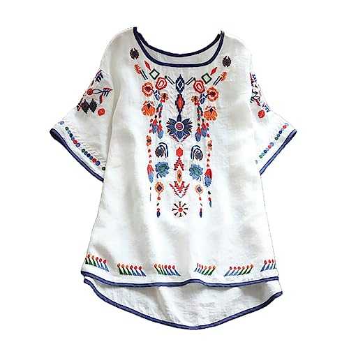 Going Out Tops Embroidered Mexican Top for Women Peasant Blouse Mexico Summer Shirt Cotton Linen Short Sleeve T-Shirts Boho Long Tunic Shirts Casual T Shirt 8-18 Clearance