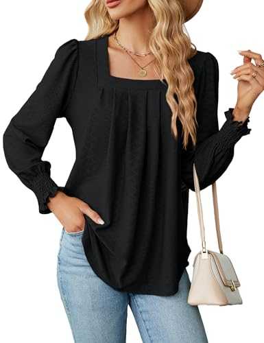 Heersan Womens Blouse Ruffle Long Sleeve Tops Casual Blouses for Women Square Neck T-Shirts Blouse Tunic Tops S-XXL