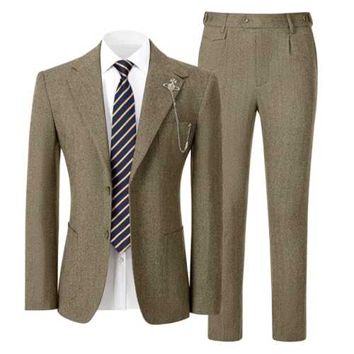 Fesenbo Retro Mens 2 Pieces Suit Tweed Herringbone Suit Men Slim Fit Wool Jacket Pants Set Wedding Groom Prom Tuxedo for Men