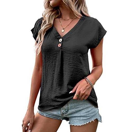 Women Casual V Neck Tops, Ladies Pleated Tunic Blouses Button Up Shirts, Short Sleeve T-Shirts Solid Color Loose Fit for Summer, White/Black, M-XXL