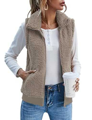 IECCP Teddy Fleece Gilet for Women UK Body Warmers Vest Tops Solid Color Lightweight Cozy Gilets Stand Collar Sleeveless Zip Waistcoat with Pockets